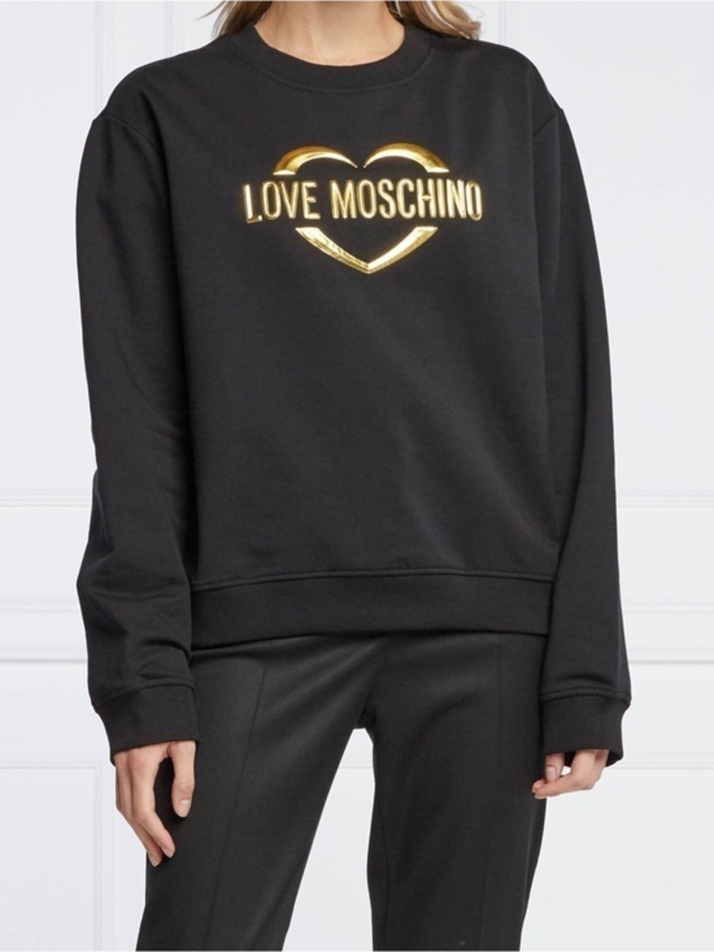 Love Moschino Black Logo Crewneck Sweatshirt Gold Heart Designer Pullover Size 8
